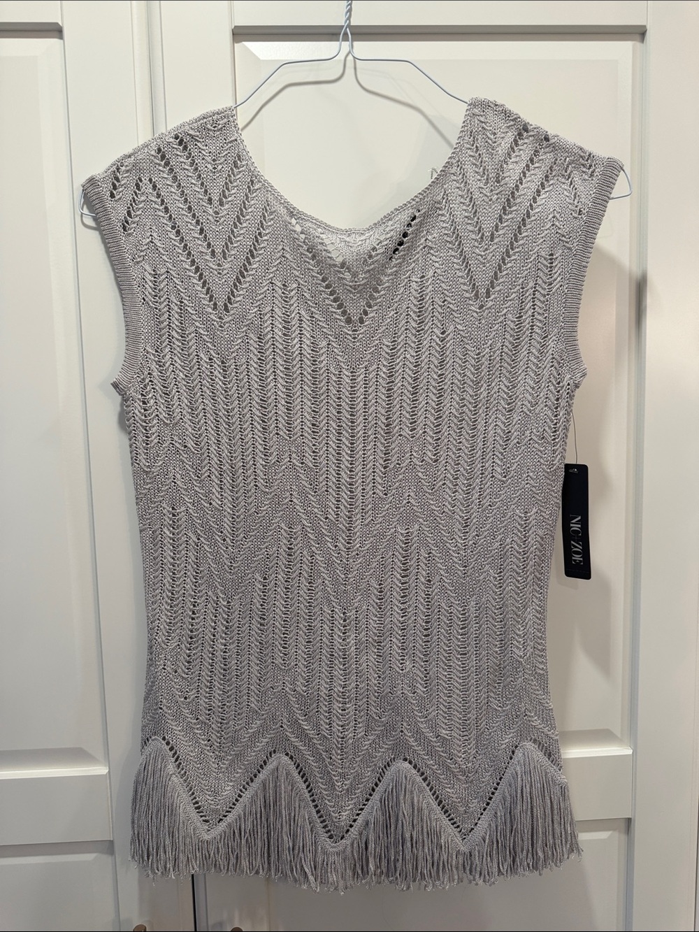 NIC+ZOE Light Gray Knit Sleeveless Fringe Top